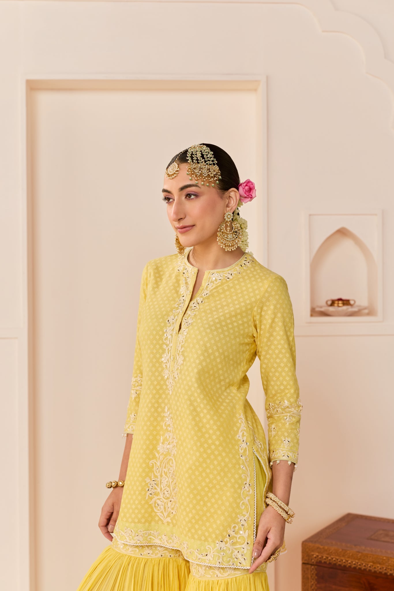 YASNEEN - LEMON YELLOW SHORT KURTA WITH GARARA AND DUPATTA