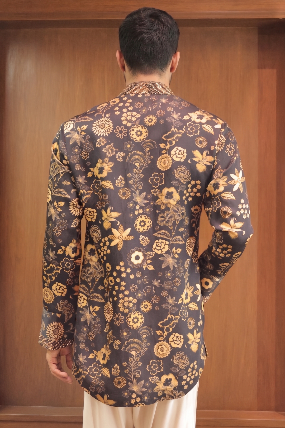 Black & Gold Floral Linen Satin Kurta