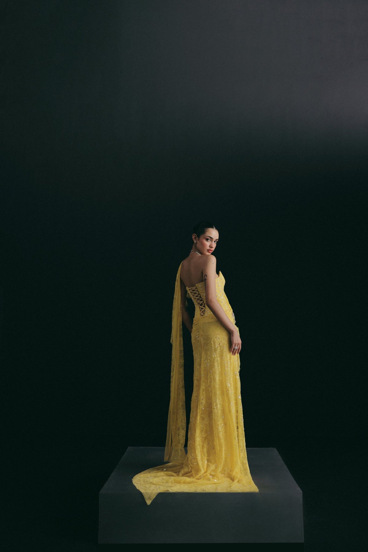 Sequin & Beaded Embroidery, Corded Lace & Dotted Tulle with Silk, Saree Set, Corset Silhouette