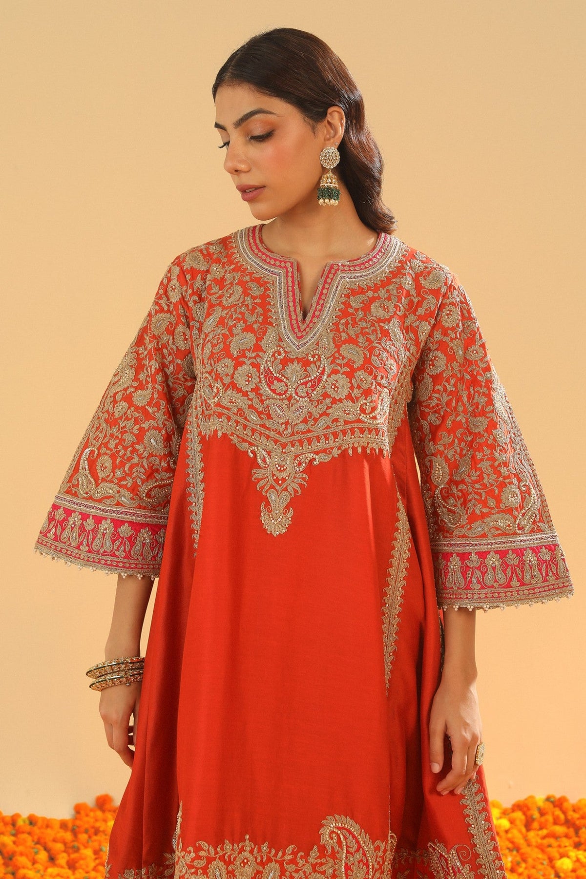 Irha - Burnt Orange Knee Length Kalidaar Chauga with Salwar and Khada Dupatta