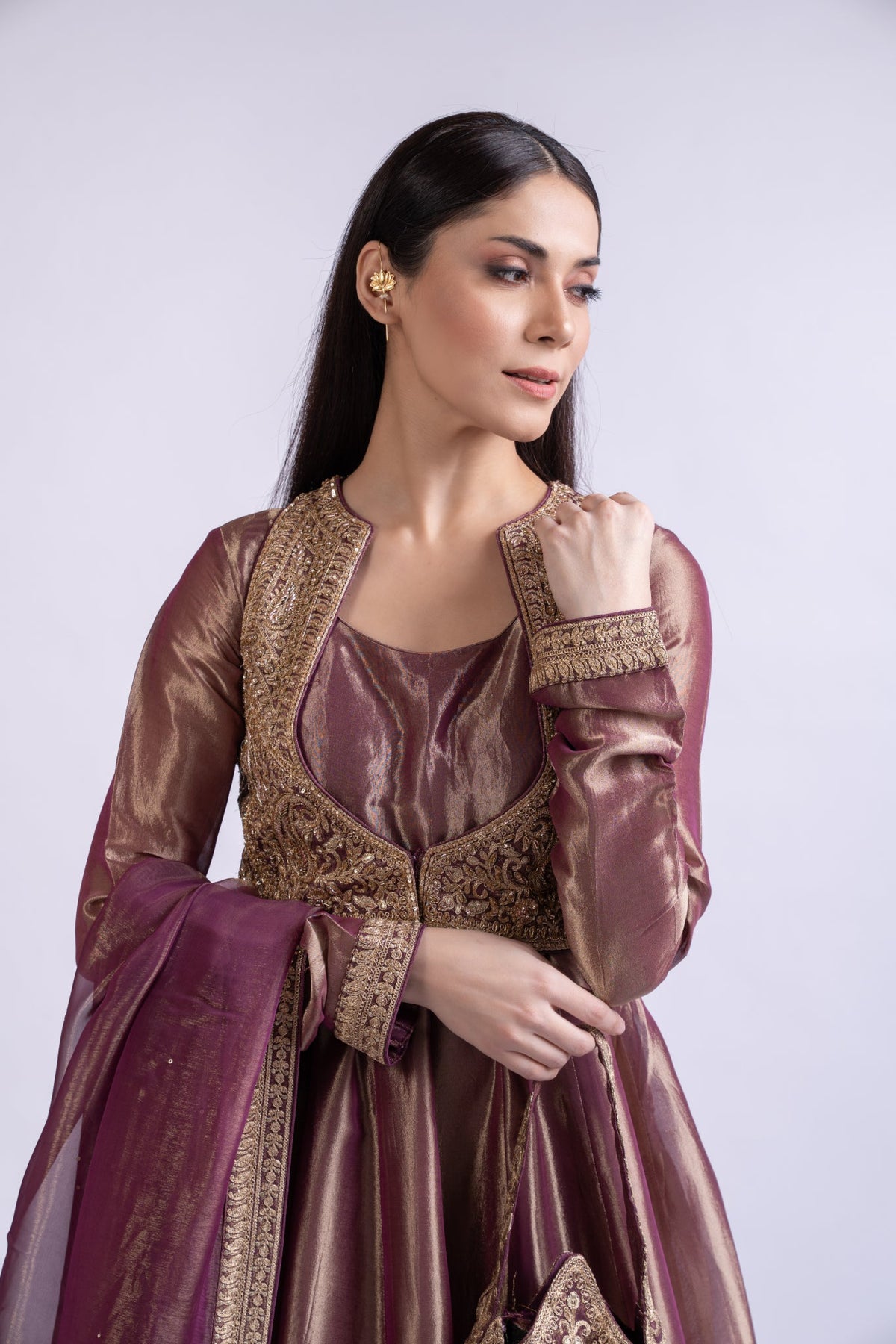 Royal Purple Tissue Silk Anarkali with Embroidered Jacket, Dupatta & Potli