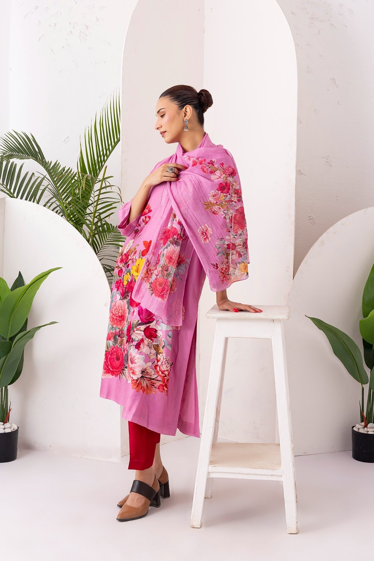 Salmon Pink Silk Chanderi Printed Tunic Set (2 PCS)