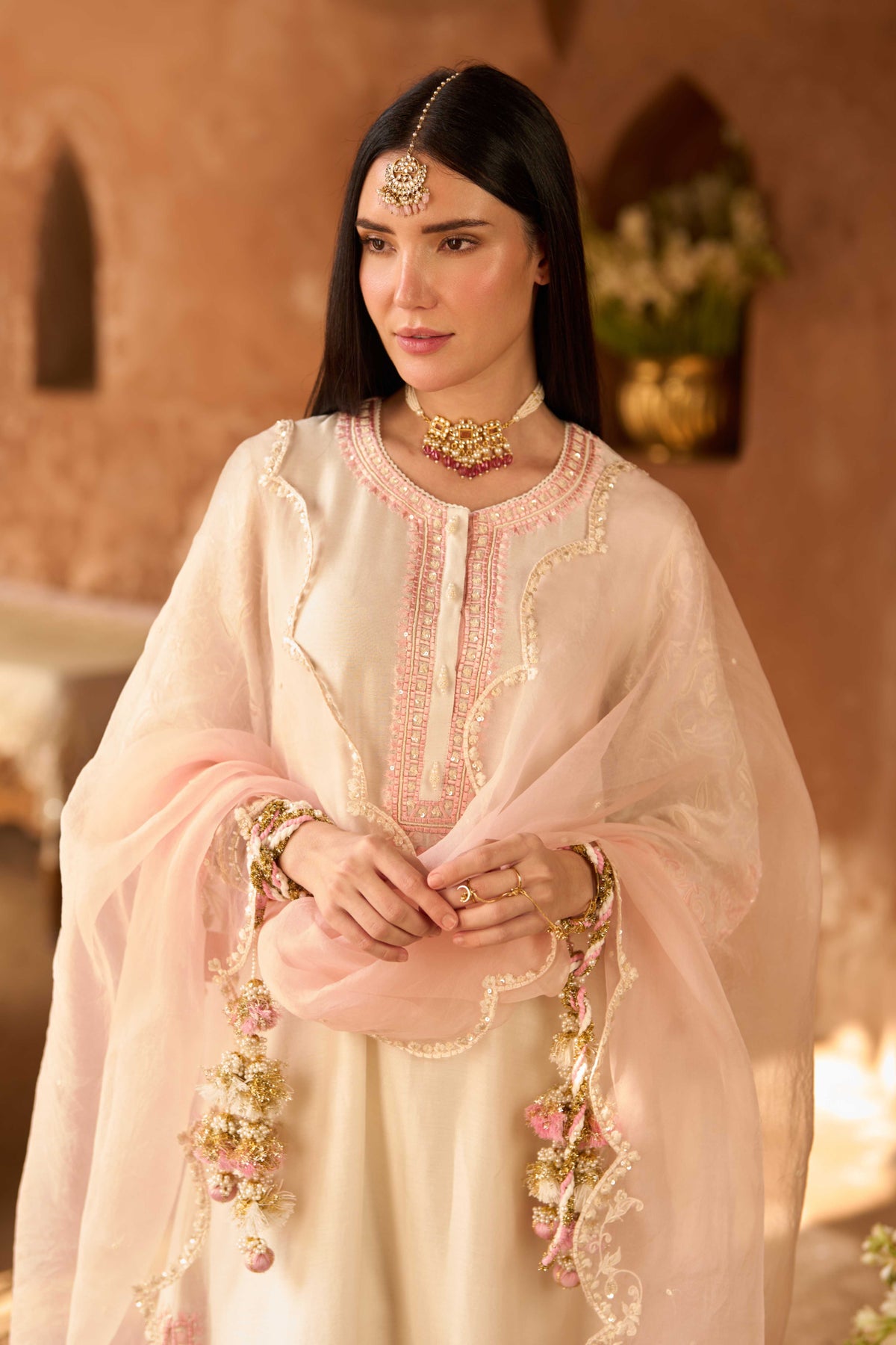 Daisy Ivory Pink Silk Chanderi A-Line Kurta Salwar Suit Set