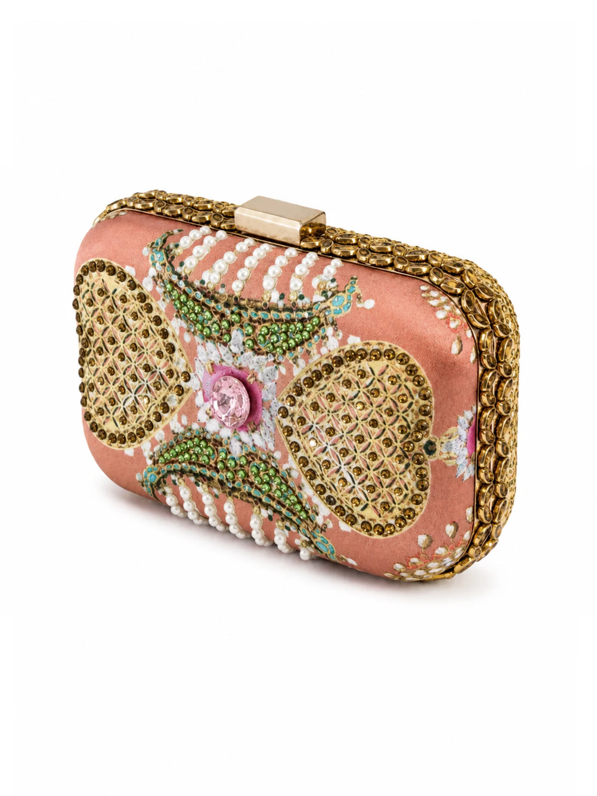 Brown Jewel-Inspired Embellished Clutch Bag with Pearl & Gold Detail