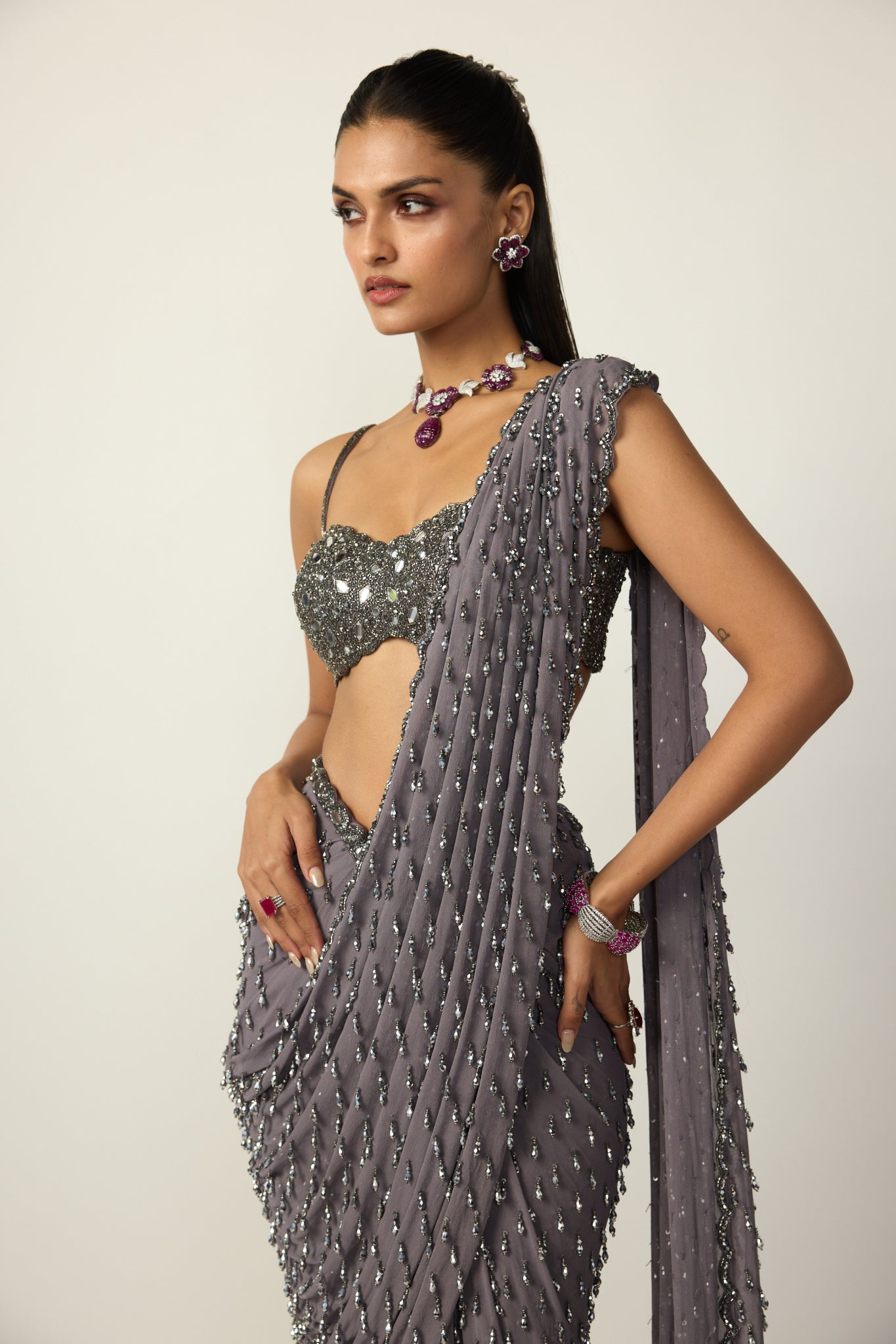 Metallic Grey Single Drop Draped Saree Set