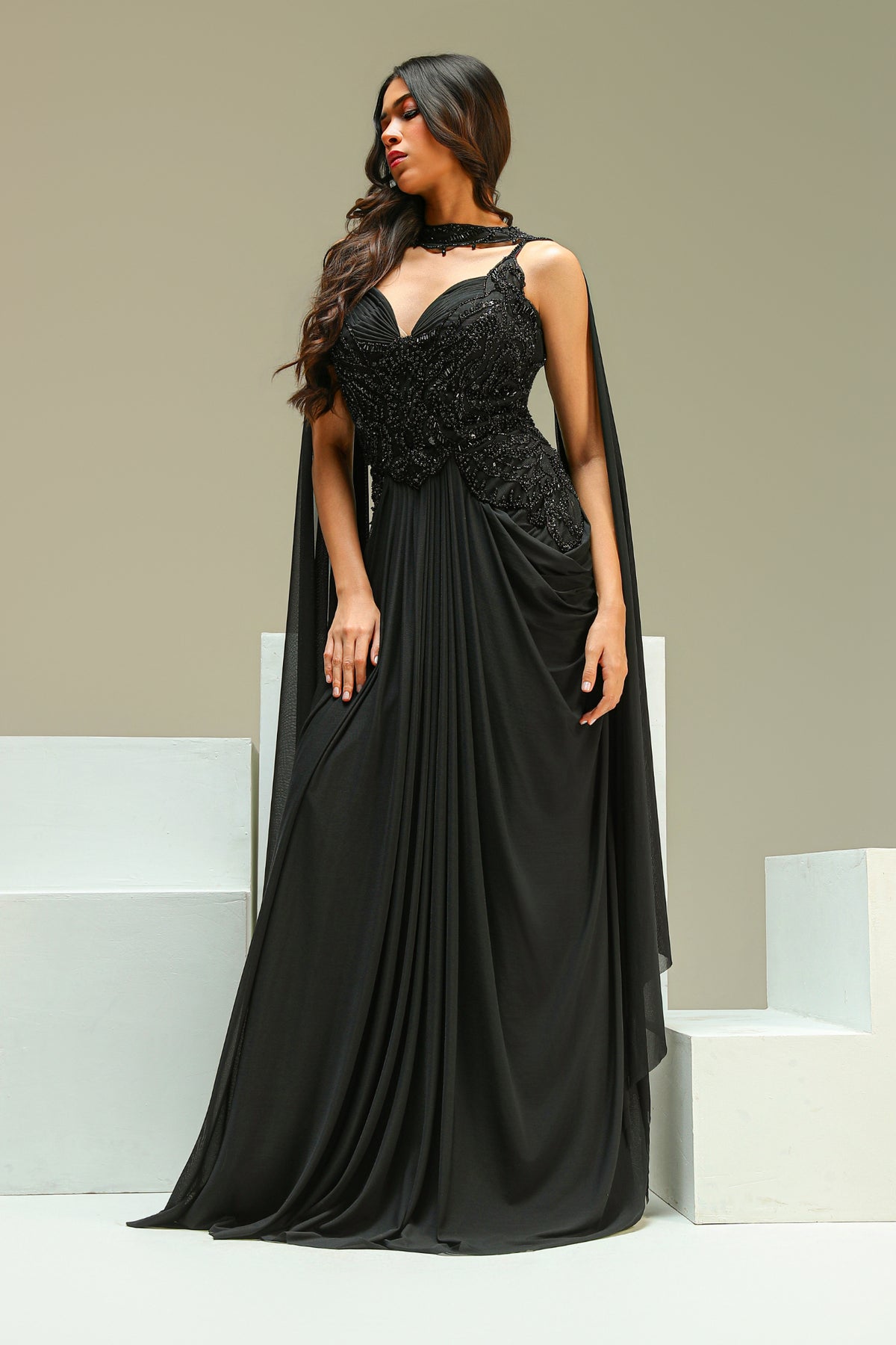 Black Embellished Lycra Gown Set with Cape Dupatta