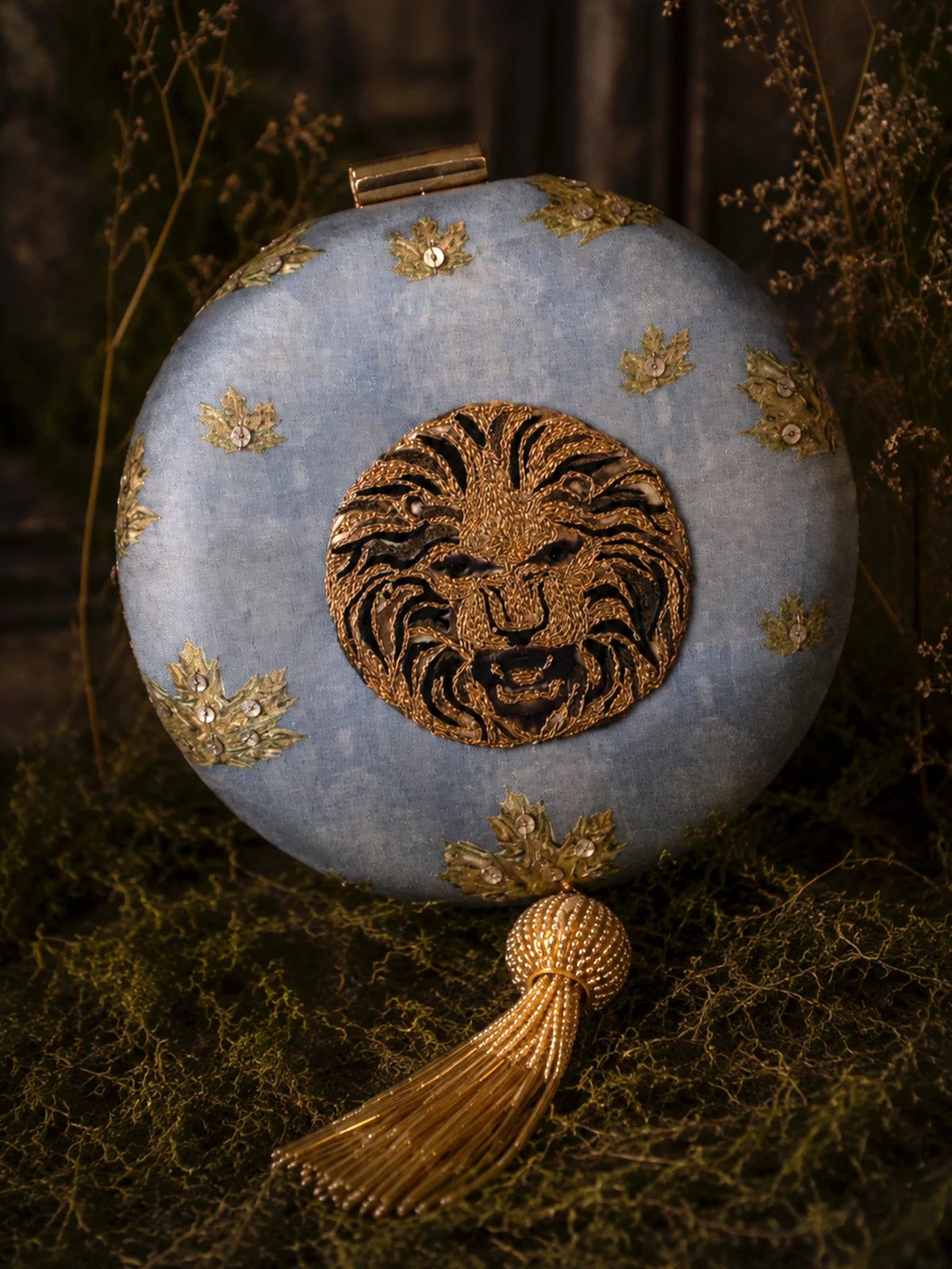 Grey Lion Motif Round Clutch Bag with Embroidered Botanical Detail