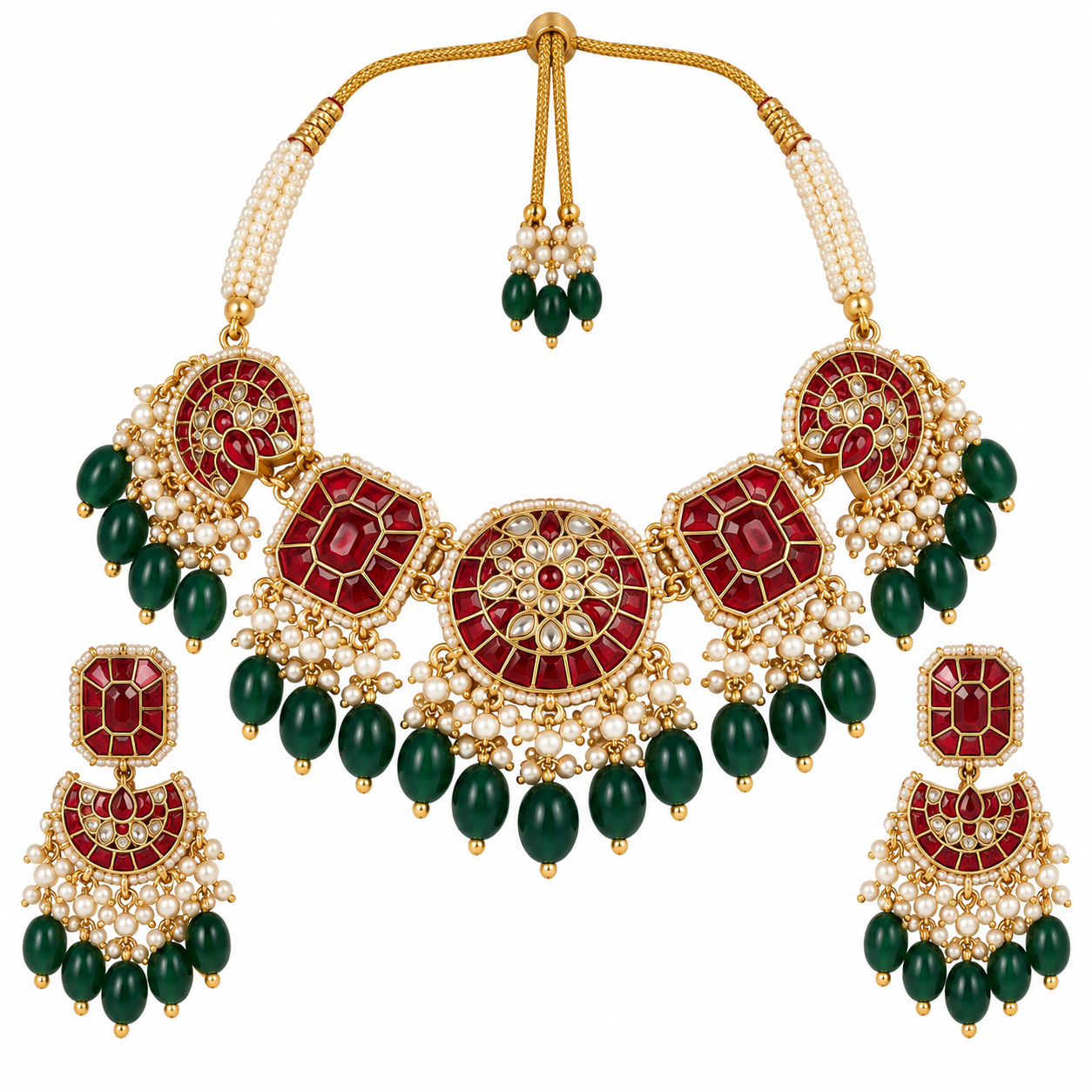 Ruby Green Kundan Bead Necklace Set