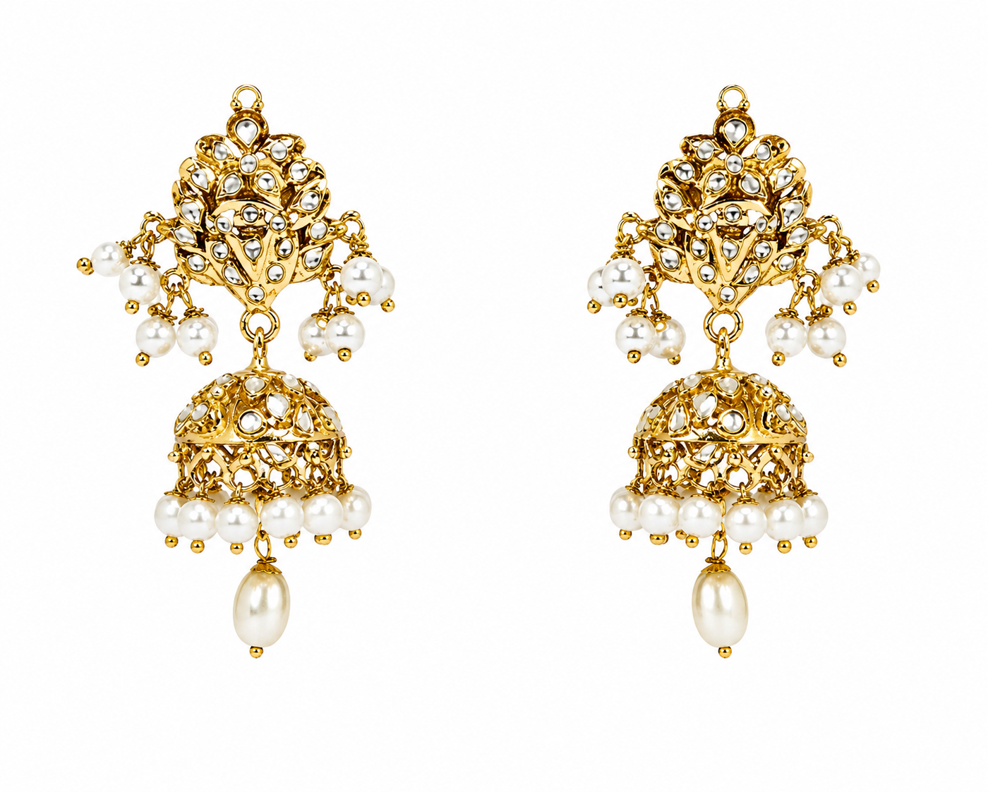 Polki Jhumka Earring with Pearl Drops