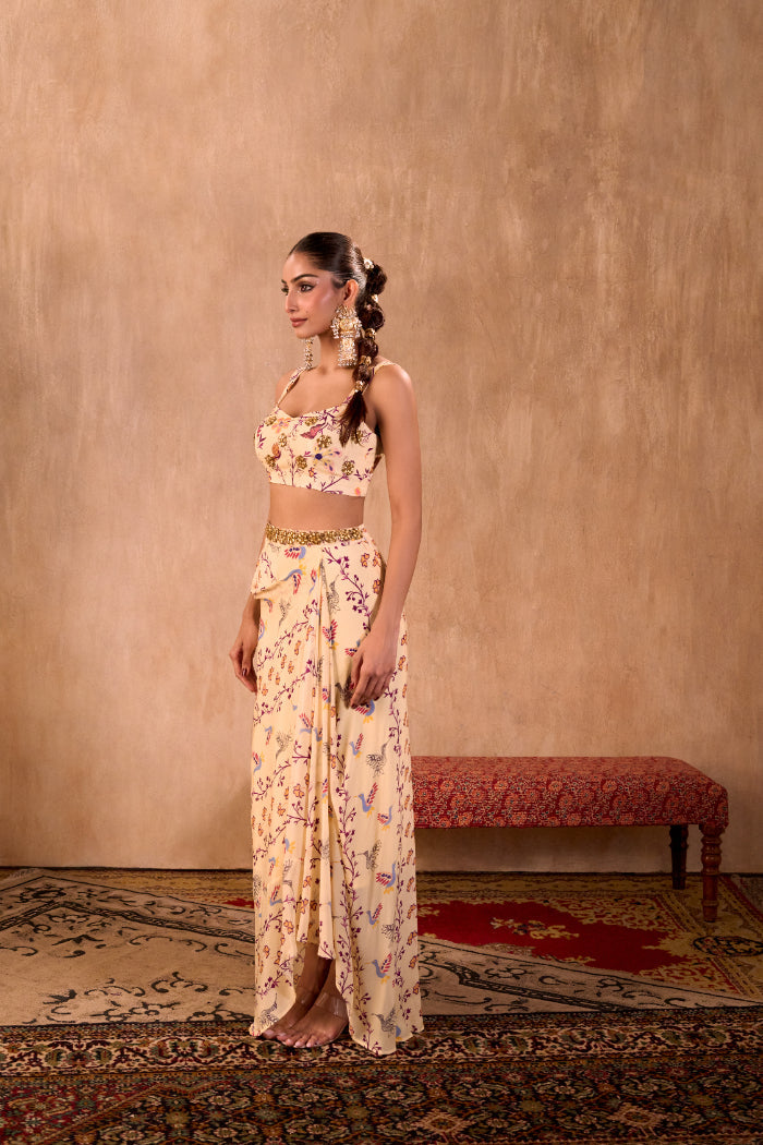IVORY PRINT EMBROIDERED CHOLI, DRAPED SKIRT AND DUPATTA SET - image 3