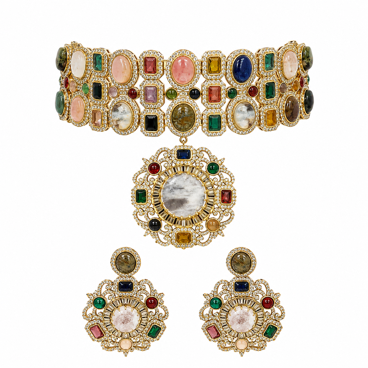 Multicolour Semi-Precious Stone Moissanite Choker Set
