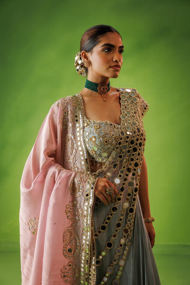 Powder blue mirror drape saree with pink dupatta