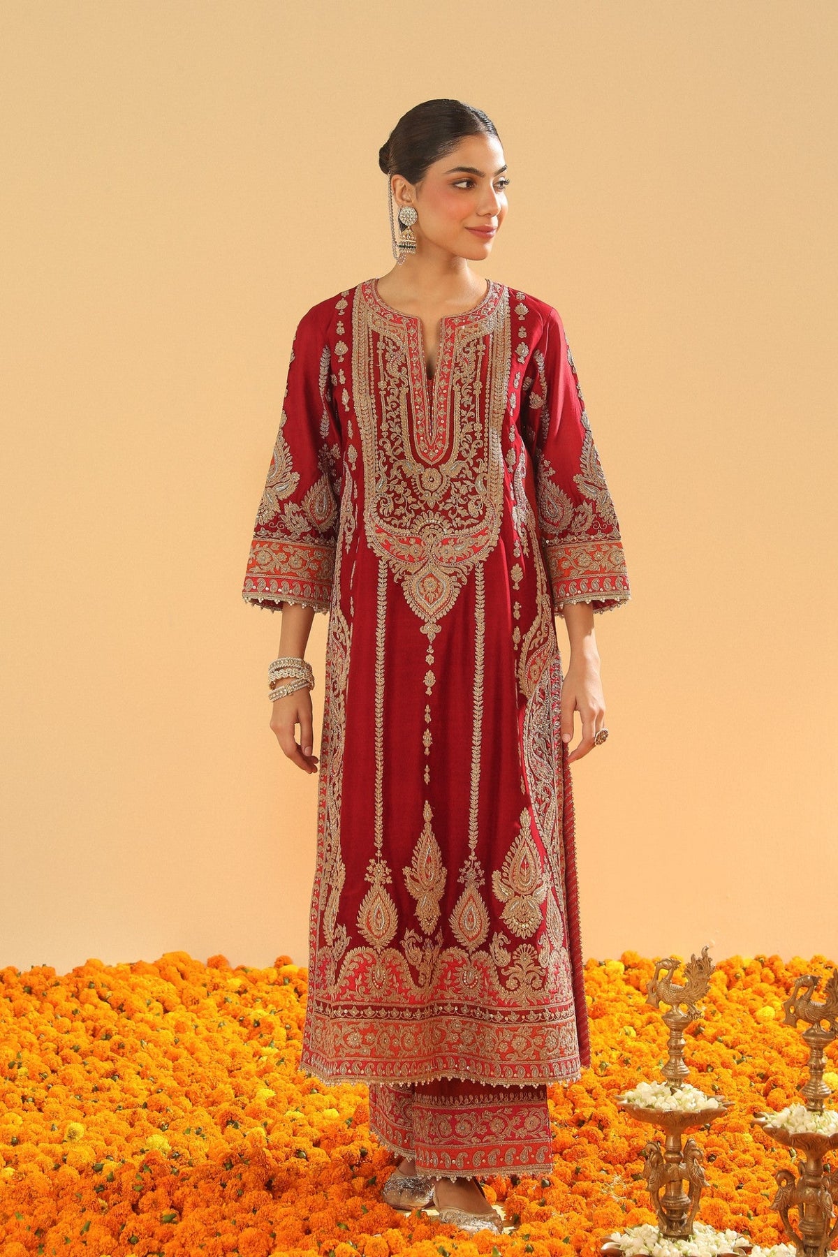Rua - Deep Red Long A-line Kurta with Palazzo and Dupatta
