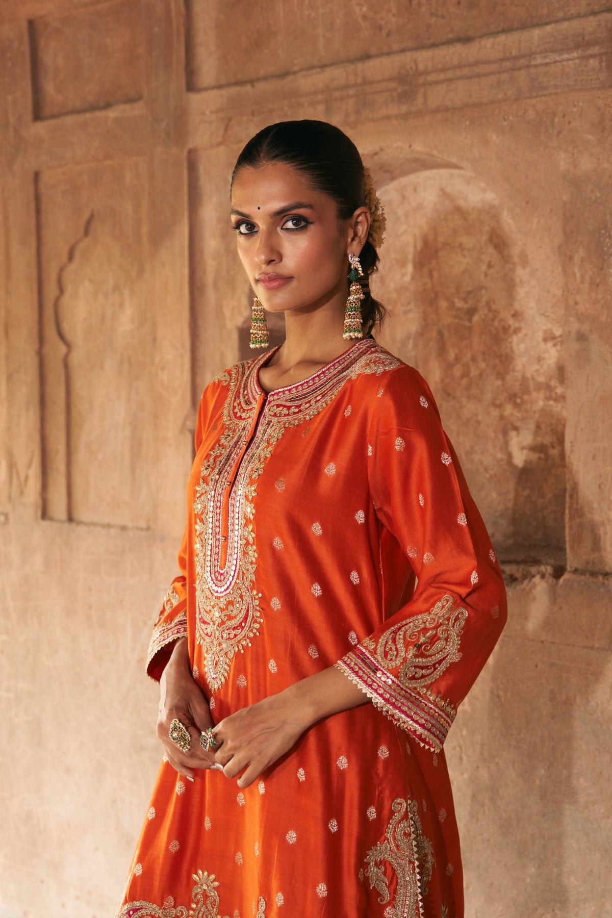 Burnt Orange Pure Banarasi Silk Short Kurta Salwar Set