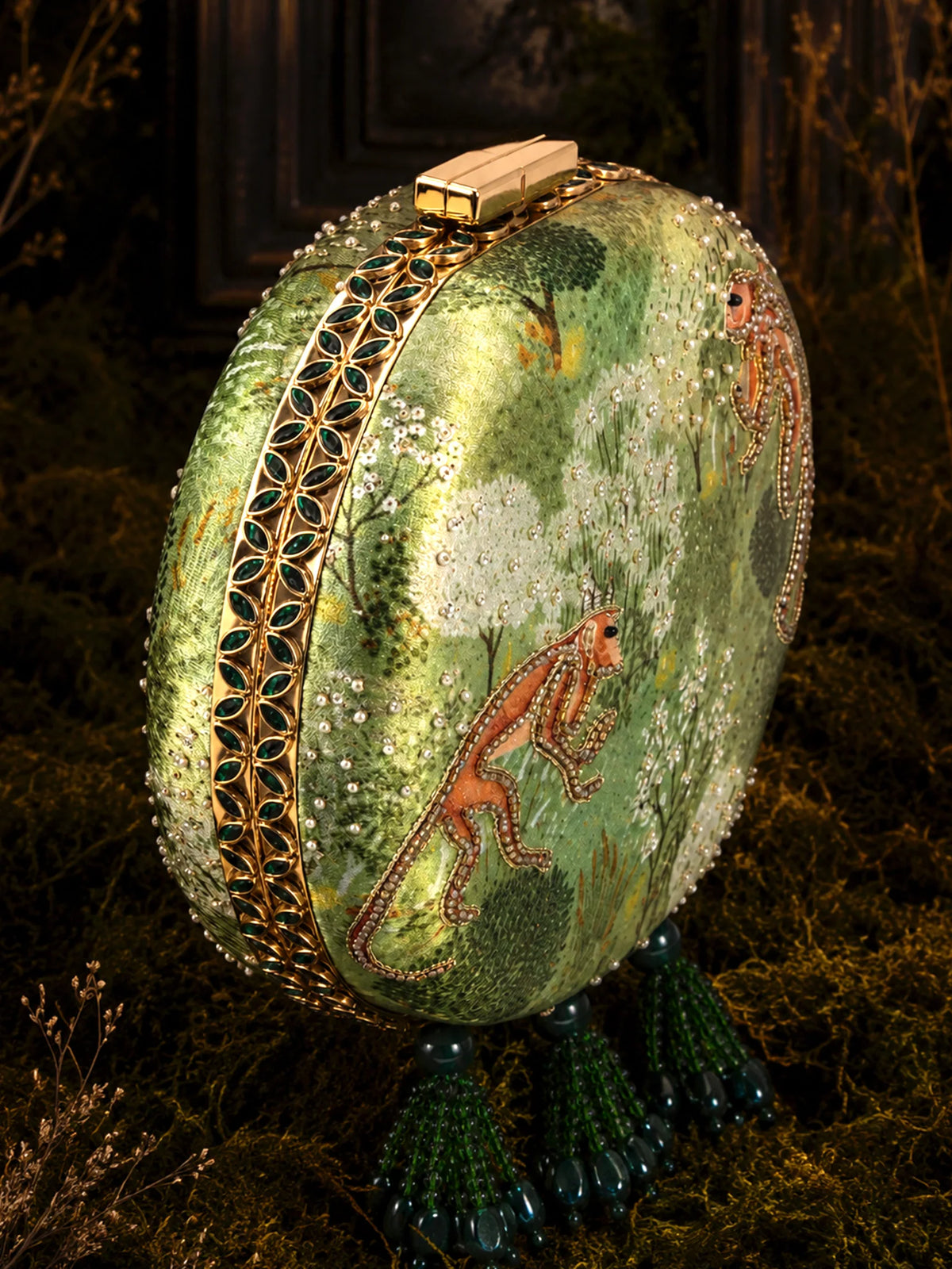 Green Forest Print Round Clutch Bag with Monkey Motif & Beaded Tassels