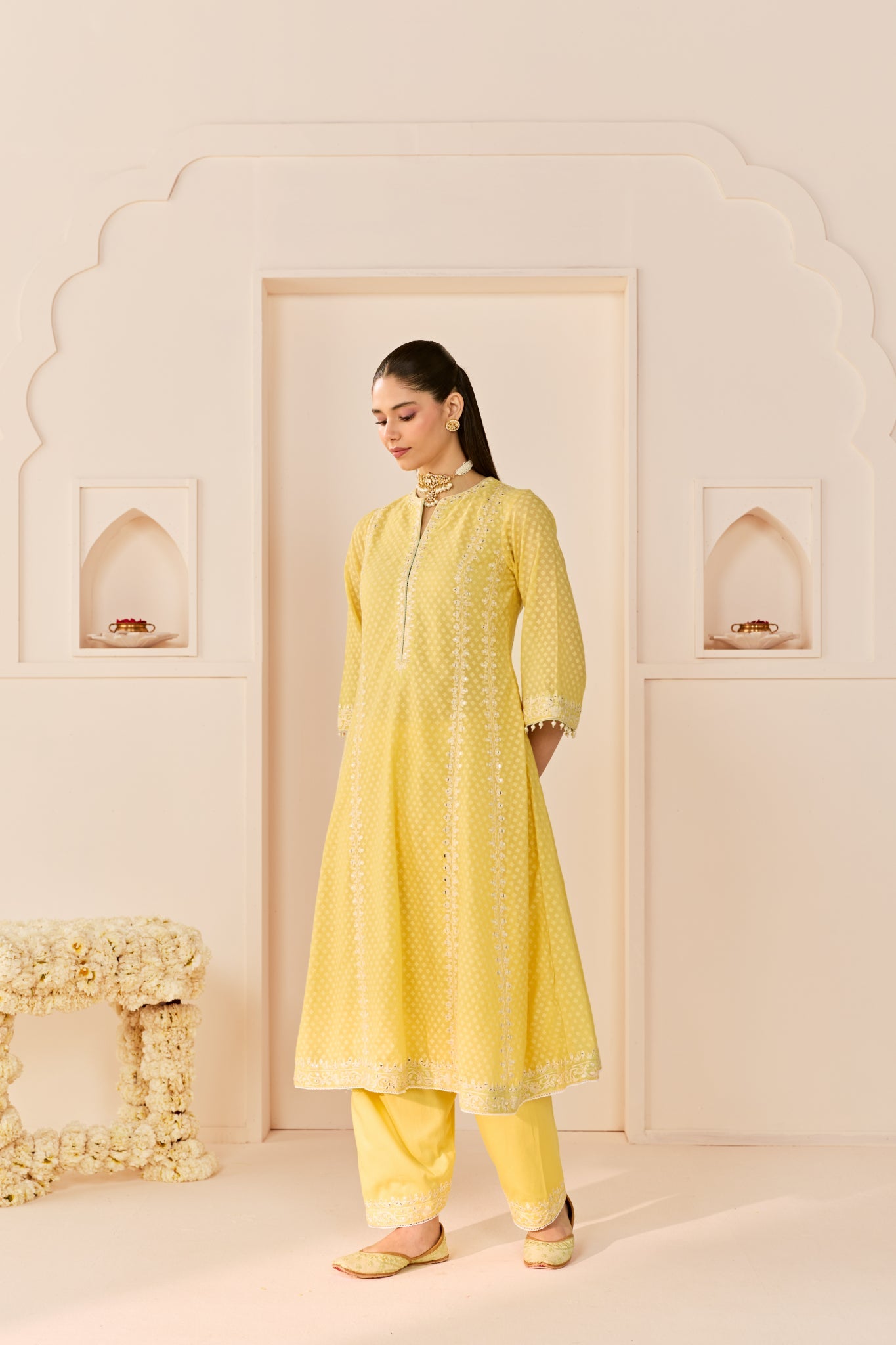 FIRDAUS -LEMON YELLOW LONG KALIDAAR CHAUGA WITH DOGRI SALWAR AND DUPATTA