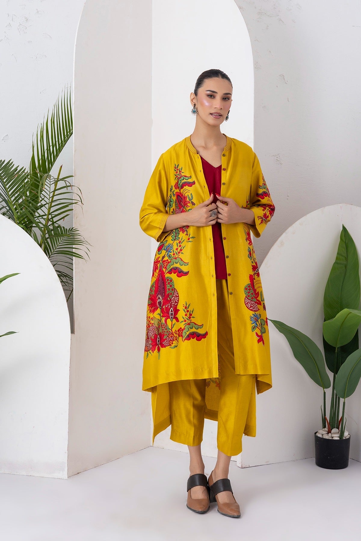 Yellow Silk Chanderi Printed Front Open Floral High-Low Dress Set (3 PCS)