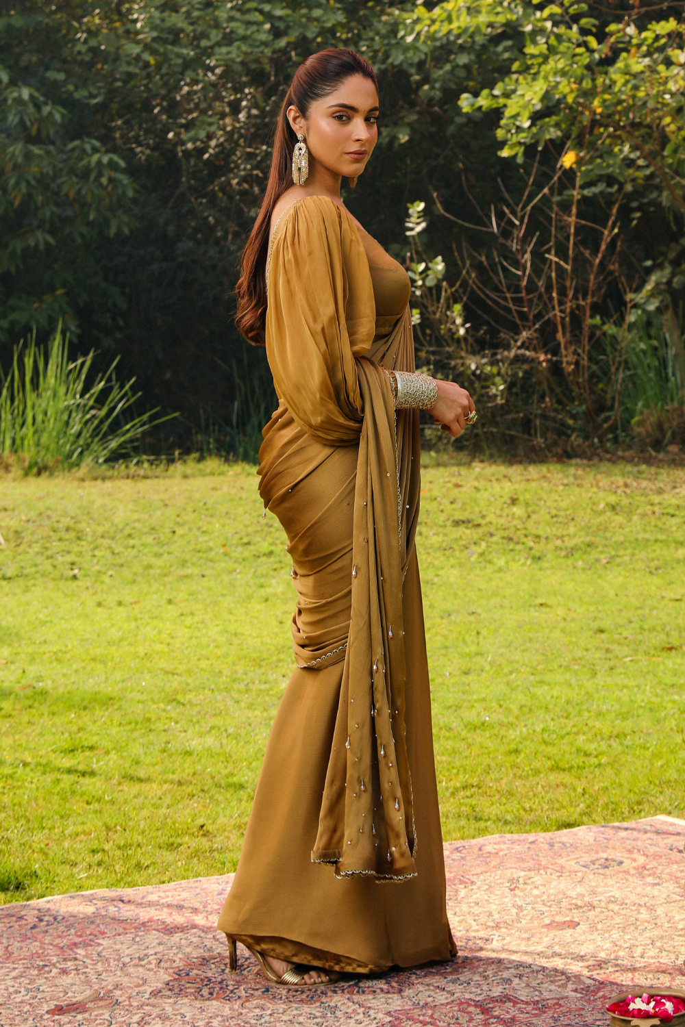 Honey Gold Ayesha Pre-Stitched Drape Saree with Princess Sleeves