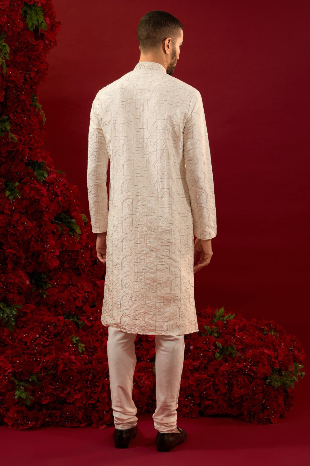 Cream silk kurta and pajama with hand and machine work