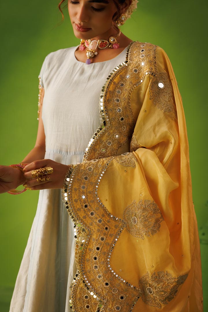 Powder blue and yellow reversible anarkali set with yellow  dupatta