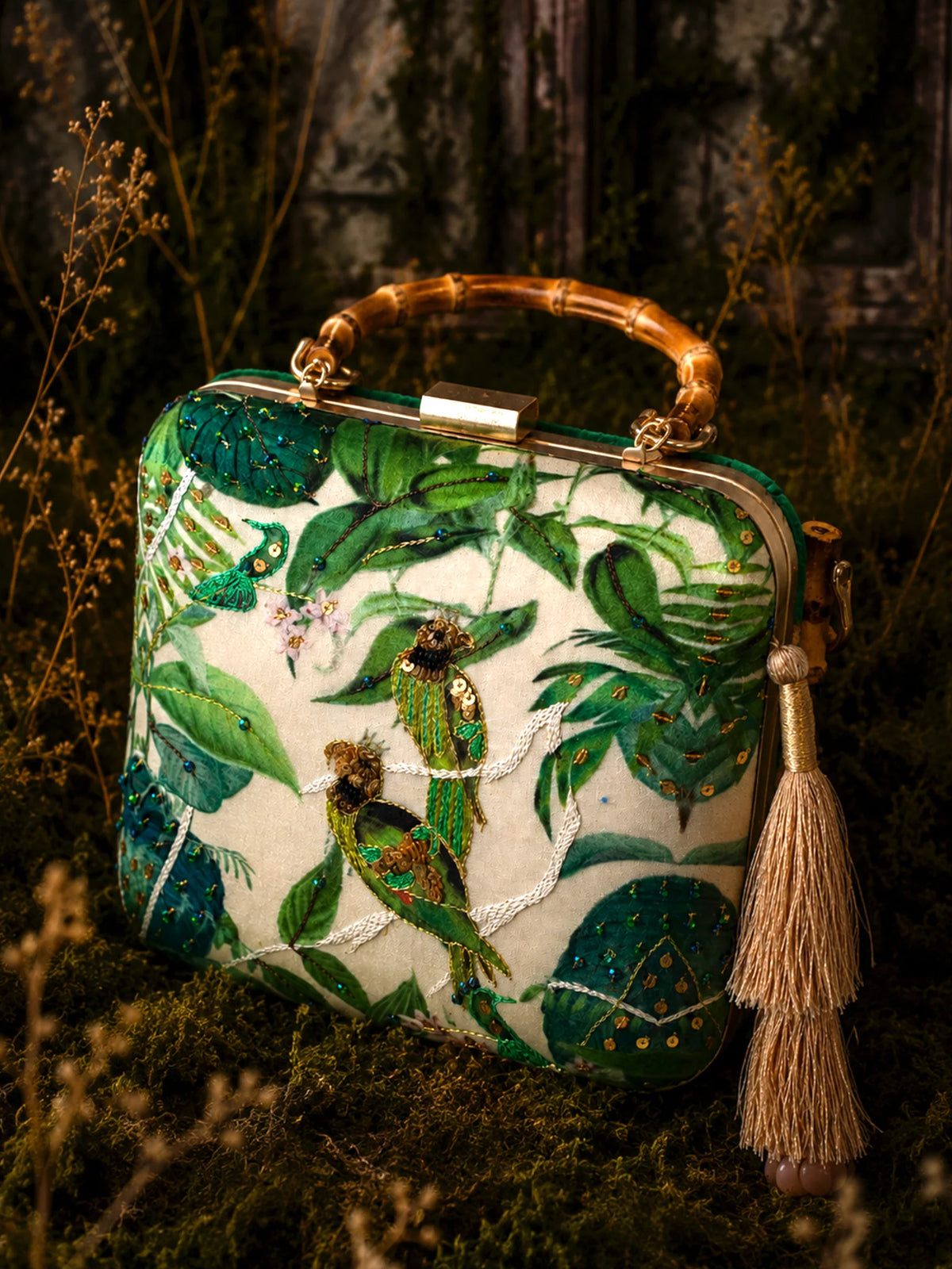 Green Parrot Embroidered Clutch Bag with Forest Print & Gold Tassel