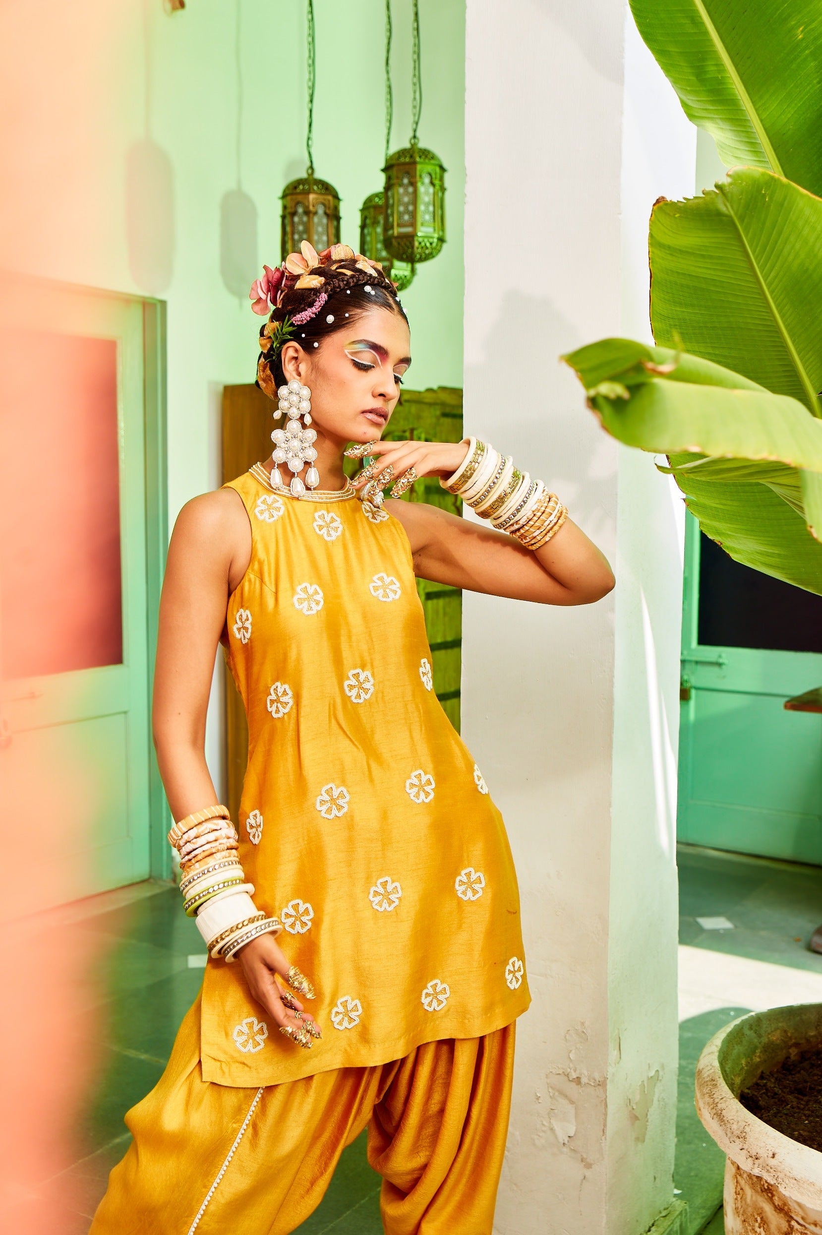 Mustard Short Kurta With Tulip Pant