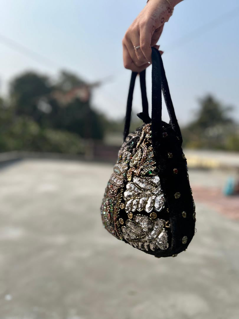 Royal Heirloom Embellished Black Potli Bag for Festive Occasions