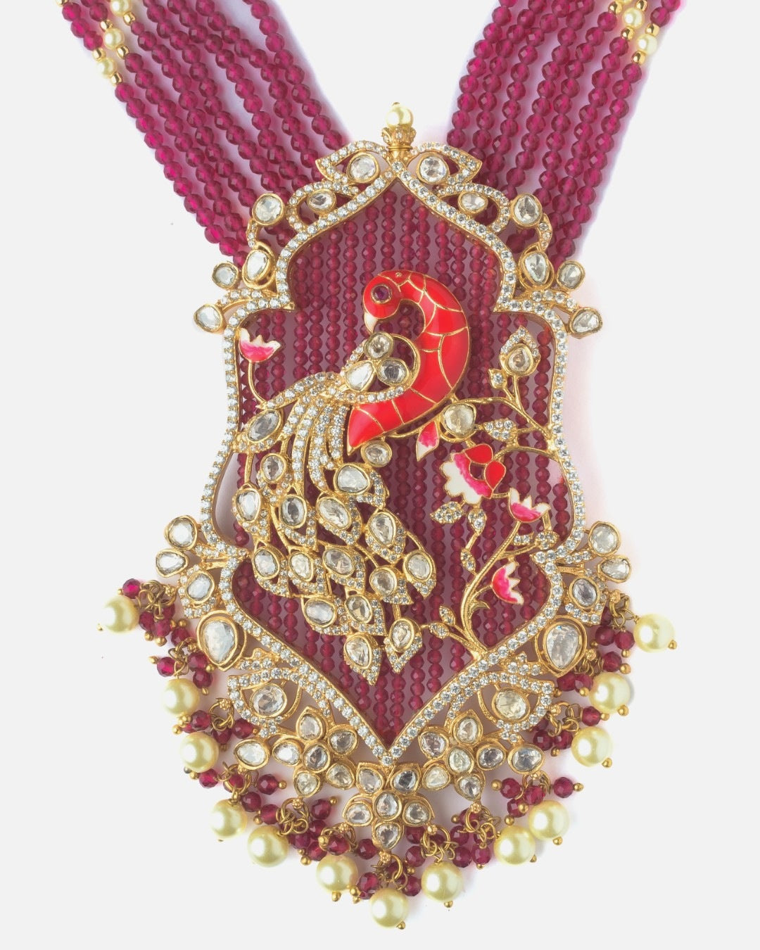 Moissanite Polki Ruby Peacock Beaded Statement Necklace Set