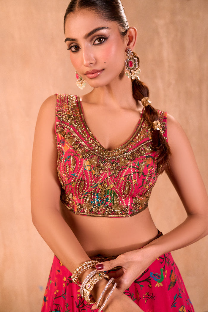 PINK PRINT EMBROIDERED CHOLI, LEHENGA AND DUPATTA SET - image 3