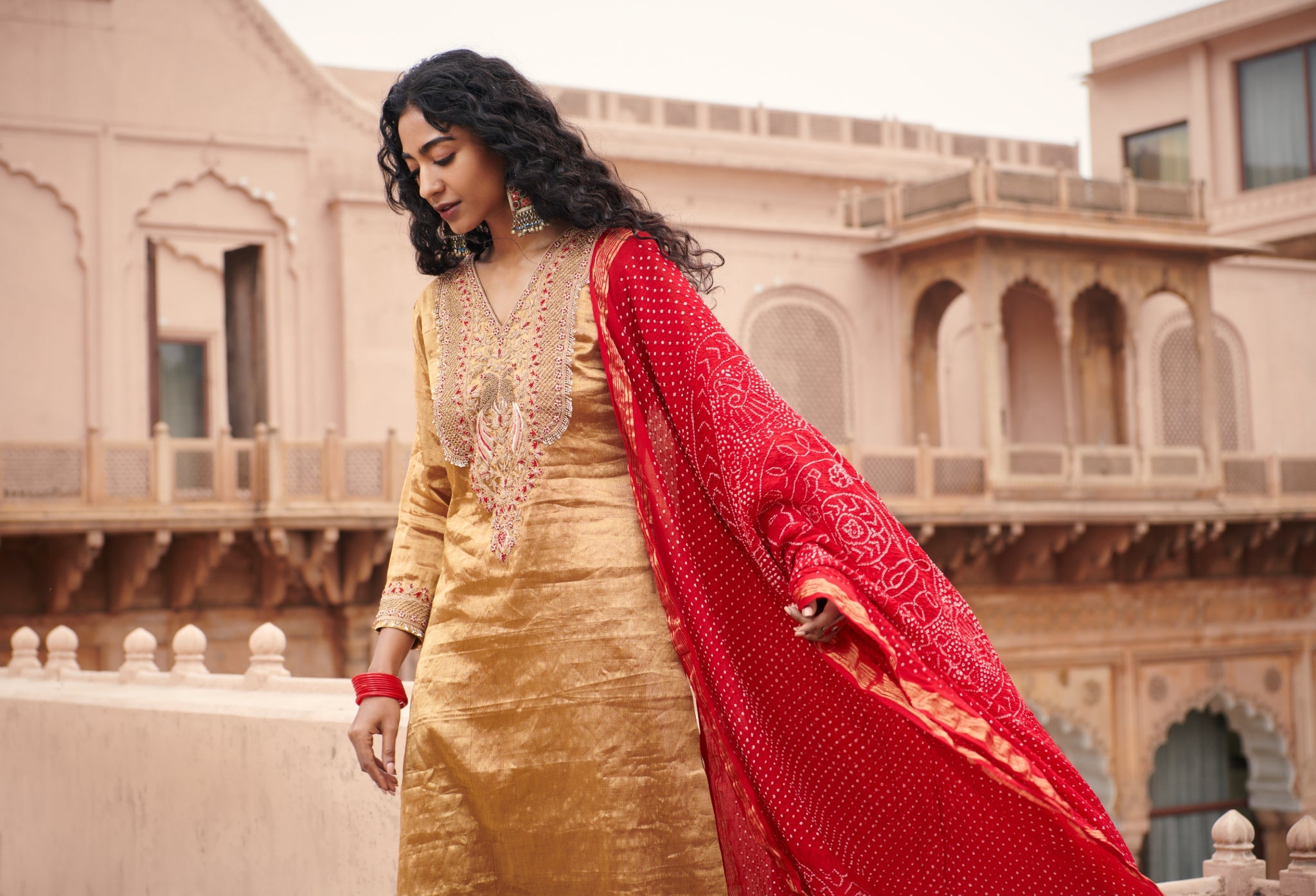 tissue kurta set with bandhni dupatta