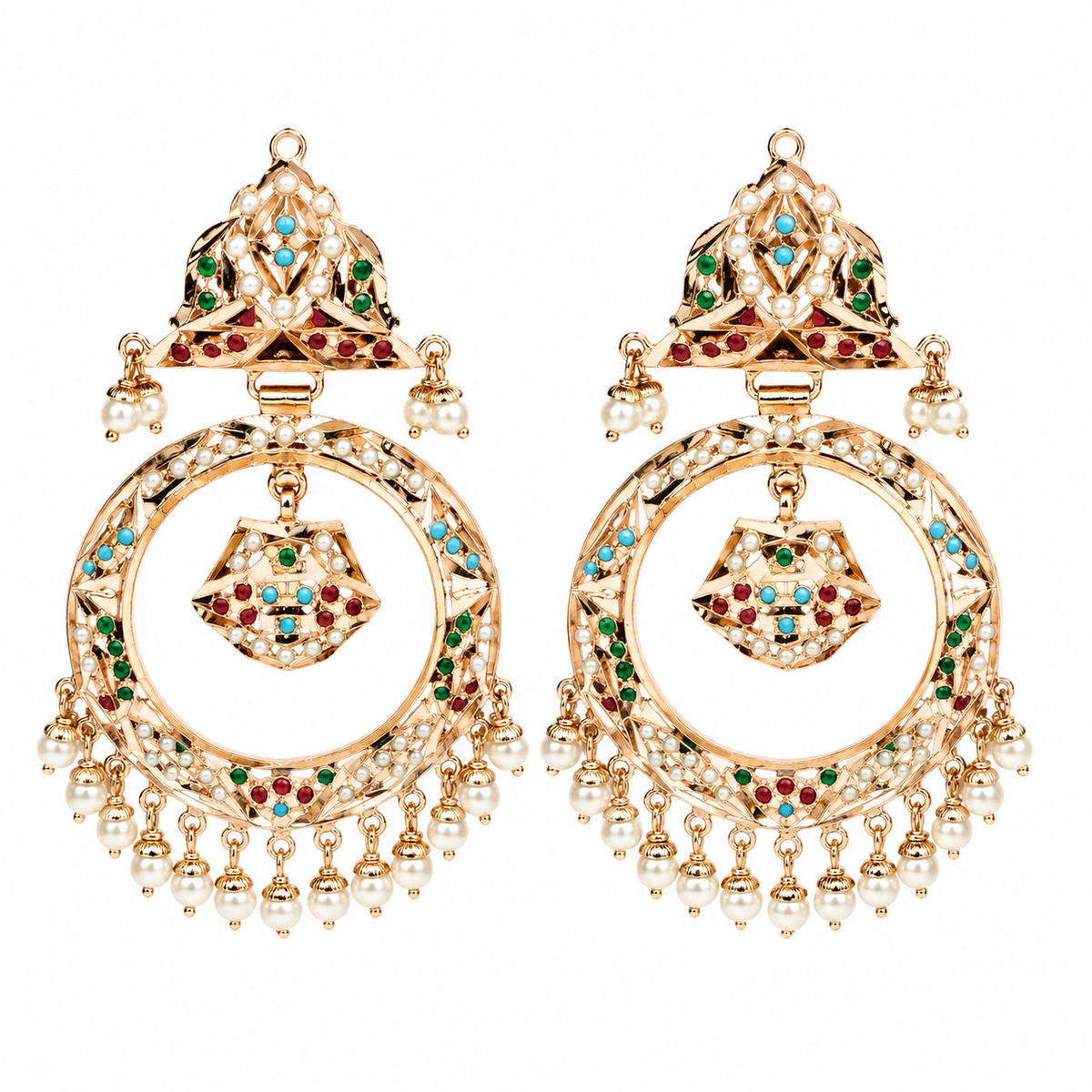 Multicolour Jadau Pearl Hoop Statement Earrings