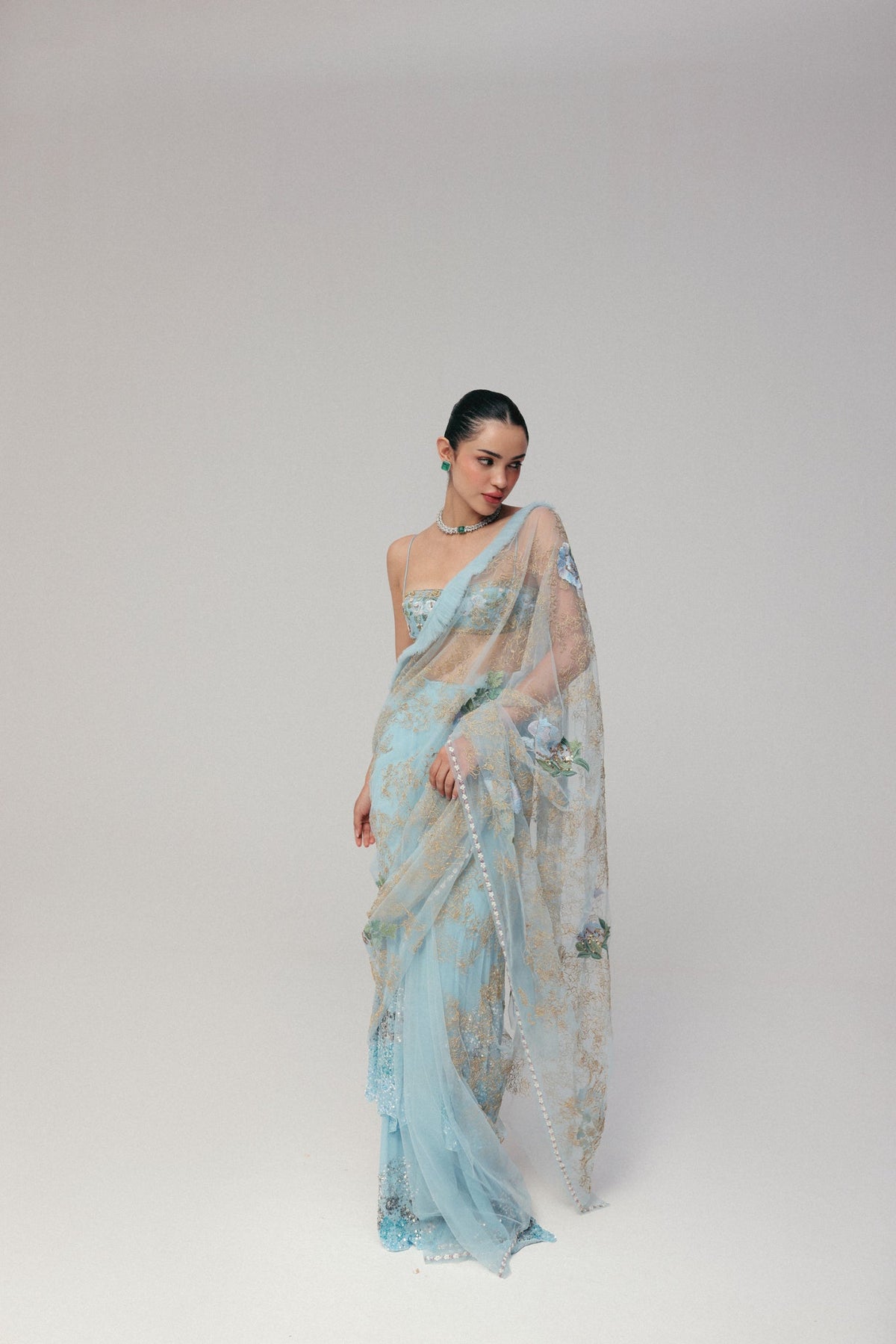Floral & Zardosi Embroidery, Silk Georgette & Tulle with French Lace, Stitched Saree Set, Blouse Silhouette