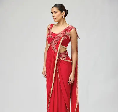 Elegant Red Silk Georgette Saree Set with Intricate Embroidery