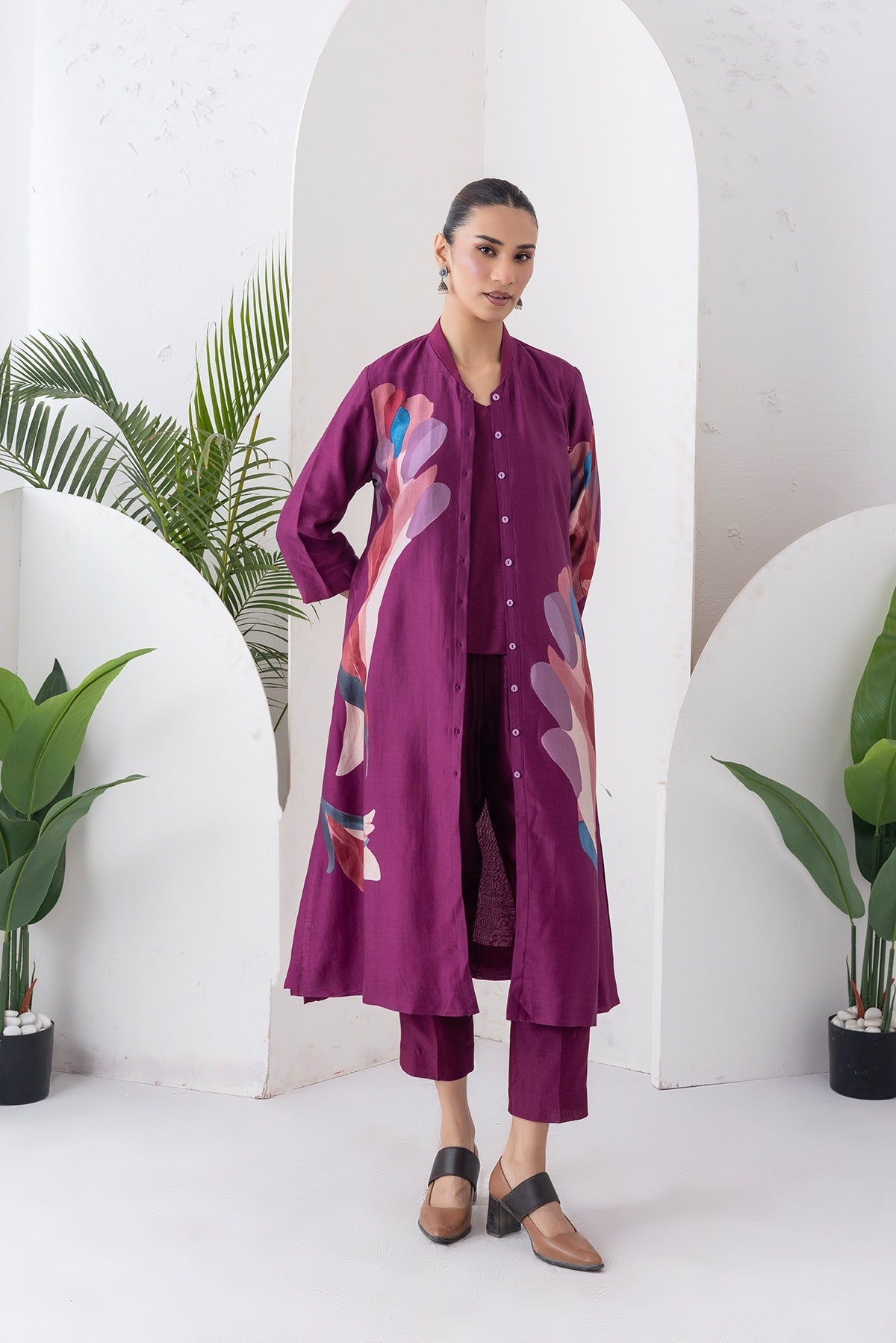 Wine Silk Chanderi Printed Dress Set (3 PCS)