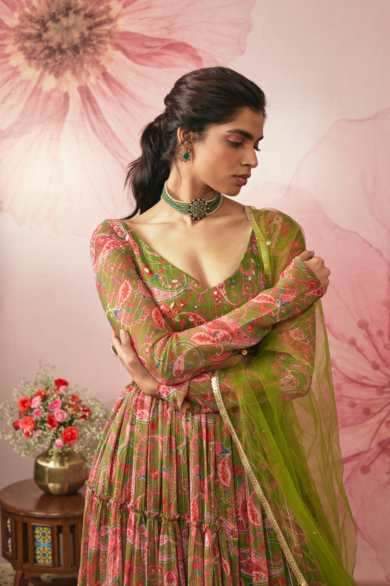 GREEN PAISLEY PRINTED LEHENGA SET