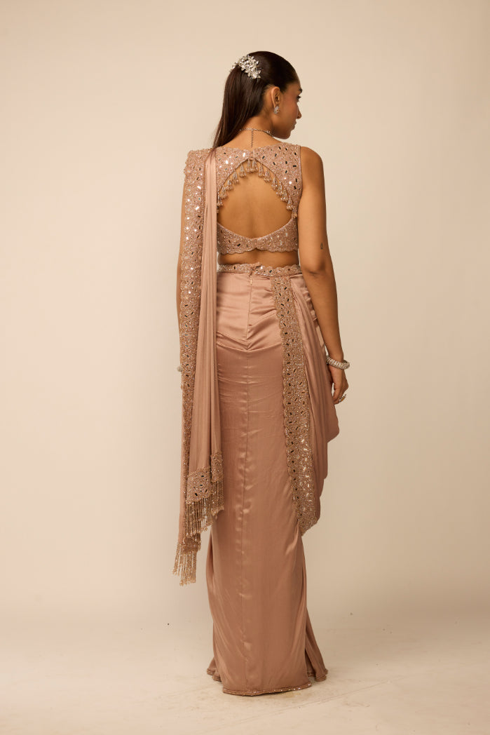 Bronze Ros� Satin Draped Saree Set