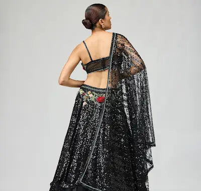 Black Sequin Lehenga Set with 3D Embroidery & Draped Blouse