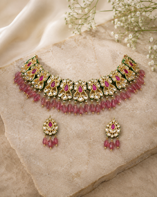 Gulnaar Pink Jaipuri Kundan Choker Necklace Set