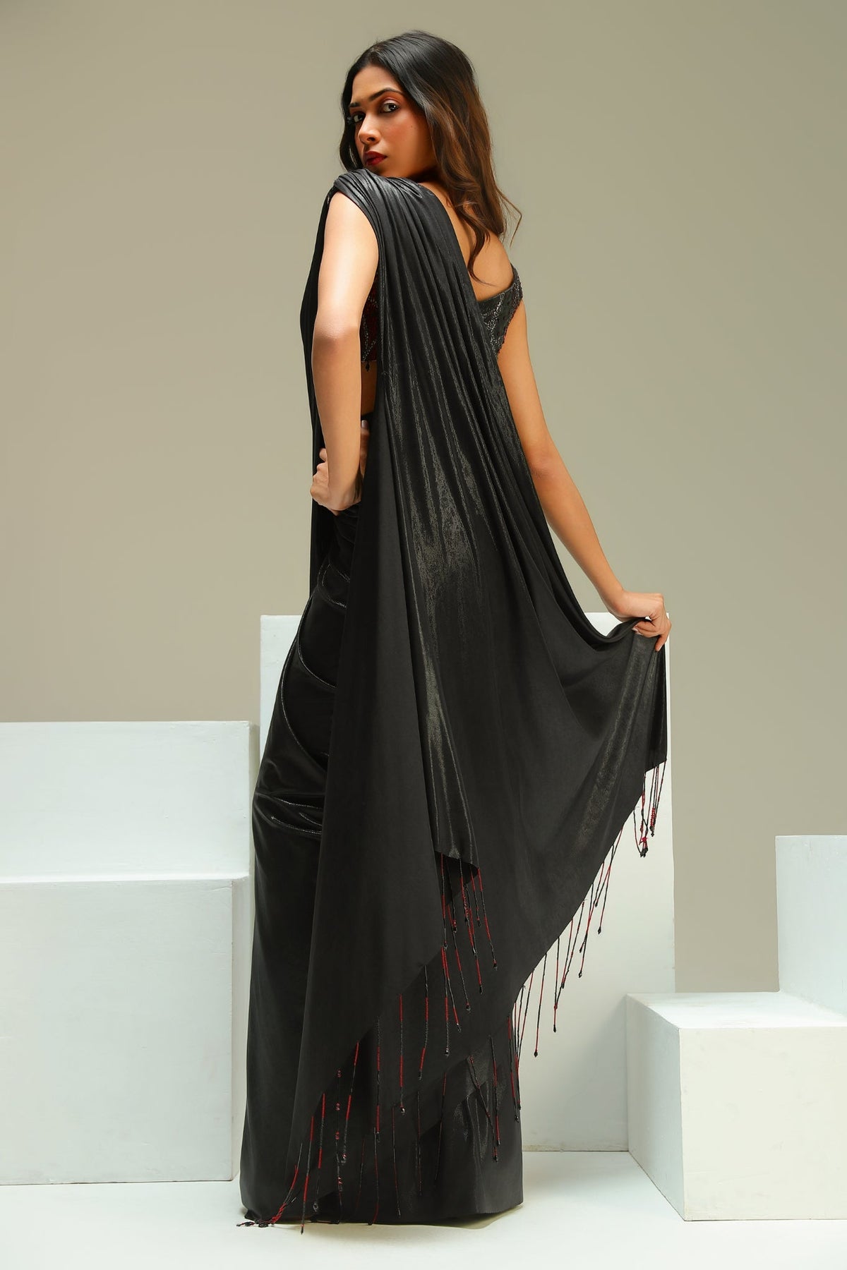 Black Imported Lycra Drape Saree Set