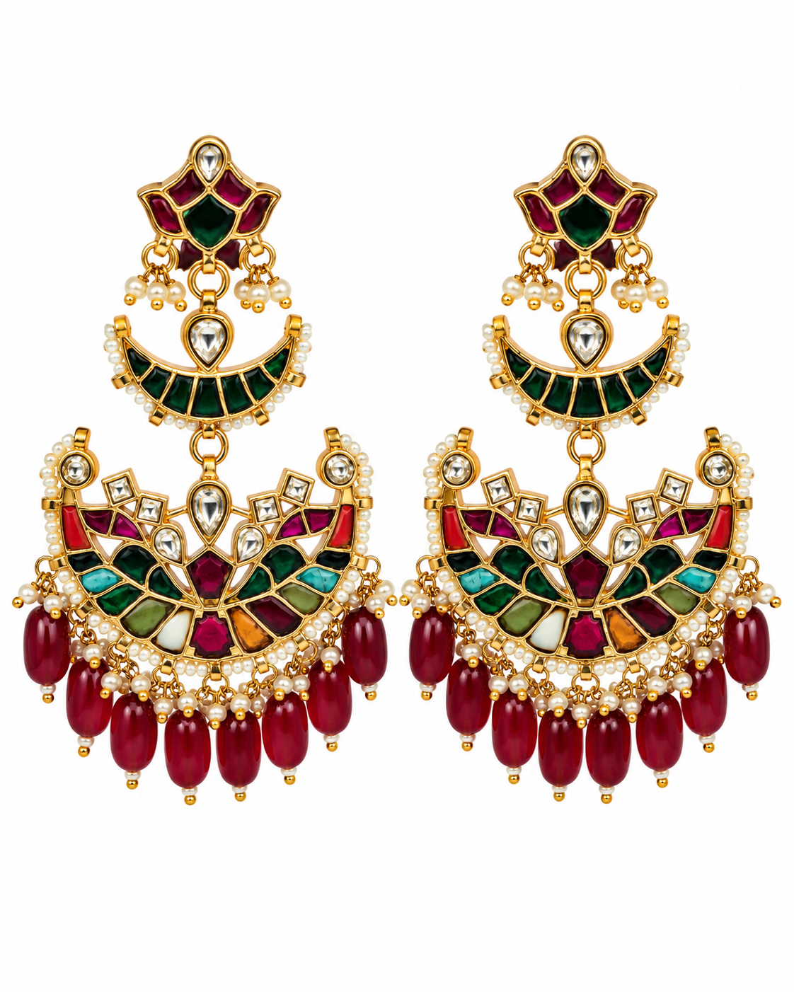 Multicolor Kundan Pearl Chandbali Earrings