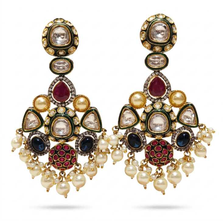 Multicolour Polki Drop Earring with Pearl Accents