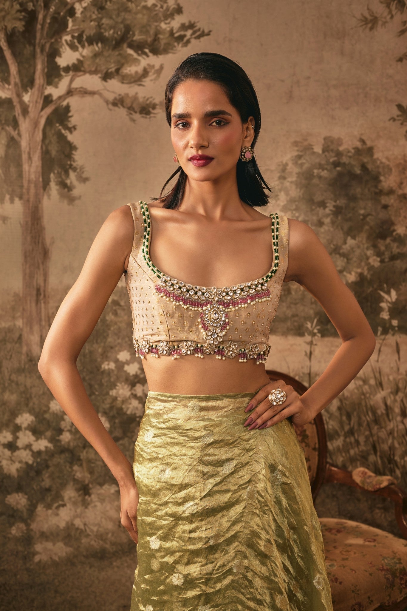 METALIC OLIVE TISSUE SILK PRE-DRAPED SAREE WITH EMBELLISHED BLOUSE