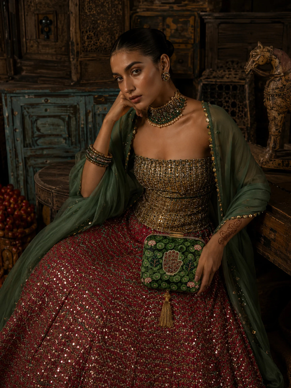 Green Lotus Pond Print Clutch Bag with Embroidered Jewel Palm & Gold Chain