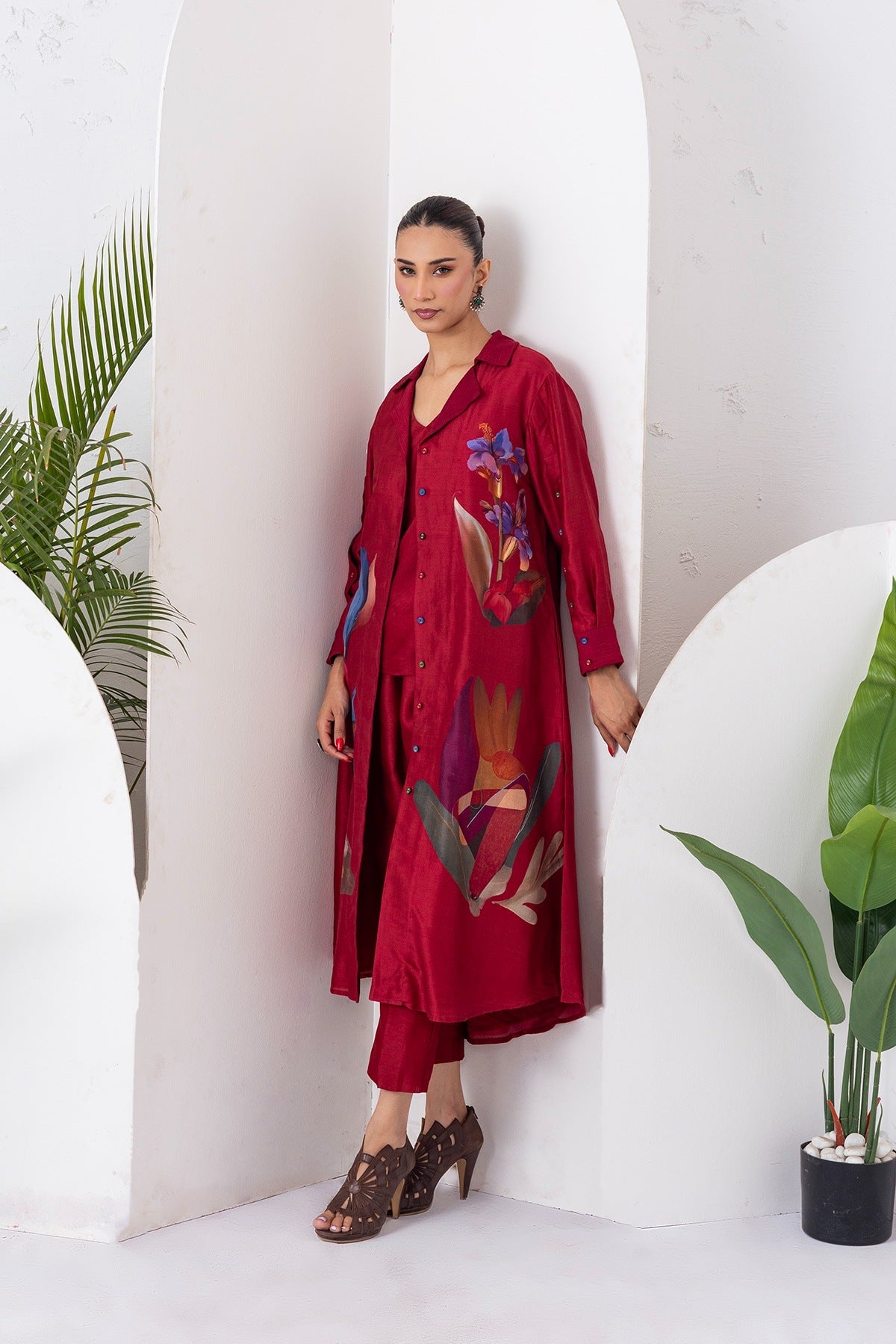 Red Viscose Dupion Printed Front Open Dress Set (3 PCS)