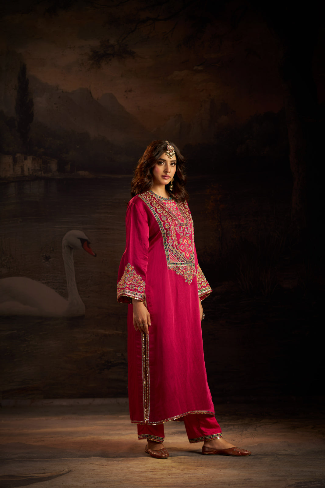 Magenta Pink & pink hand embroidered pakistani kurti set