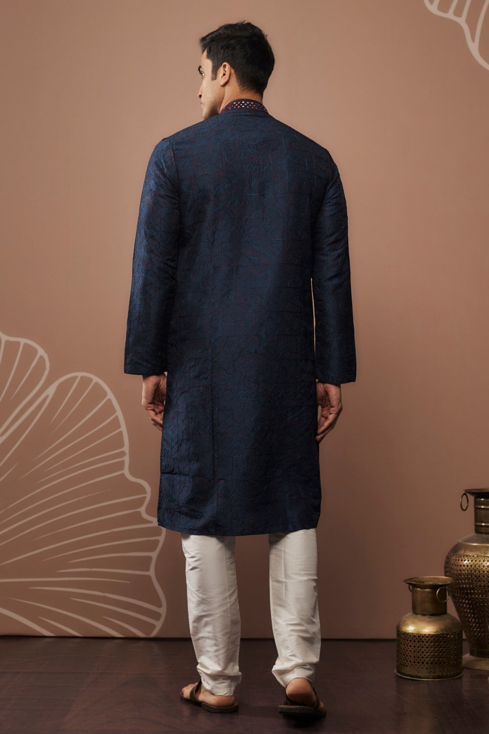 Dark blue silk kurta & pajama with hand and machine work