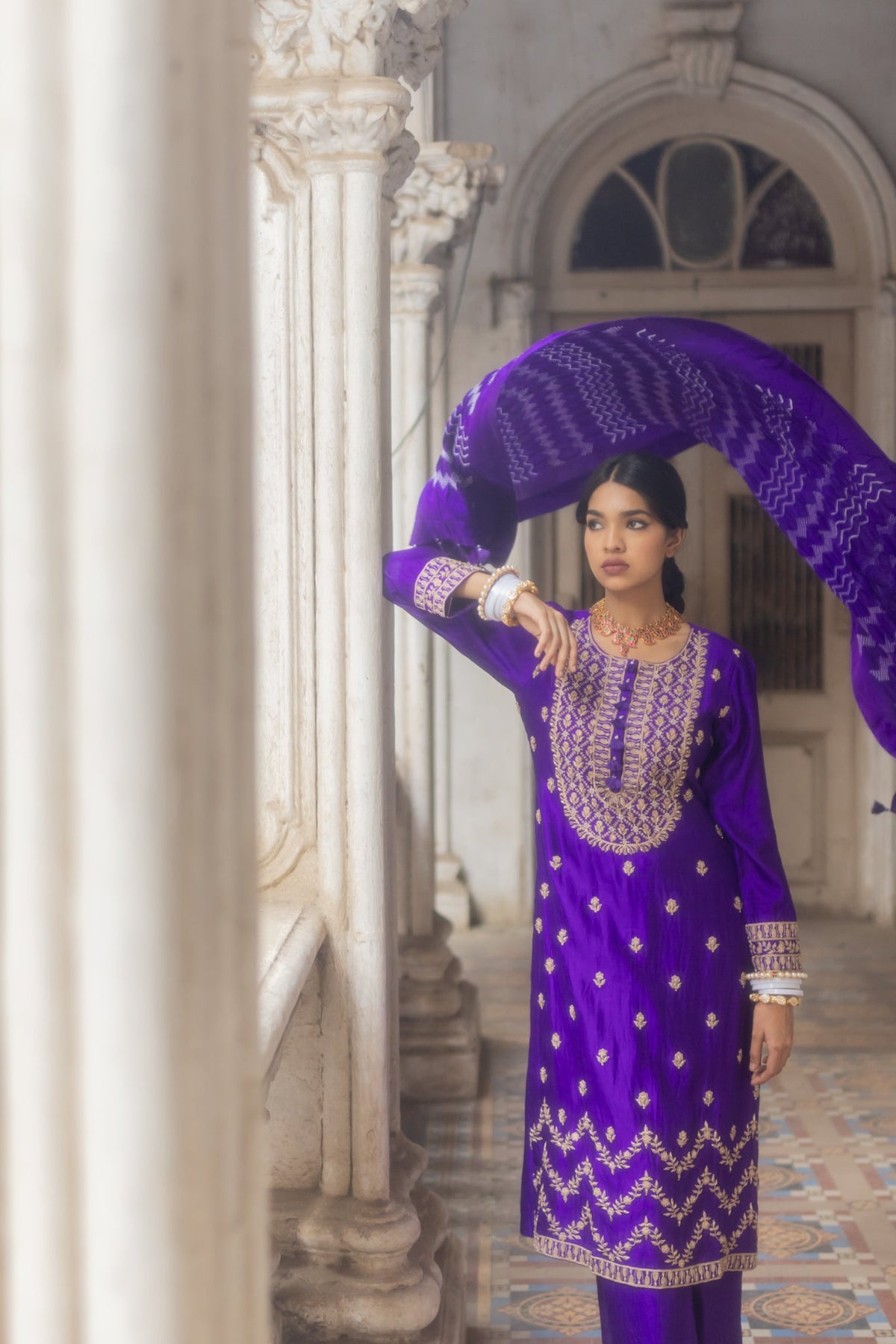 embroidered kurta set with bandhni dupatta