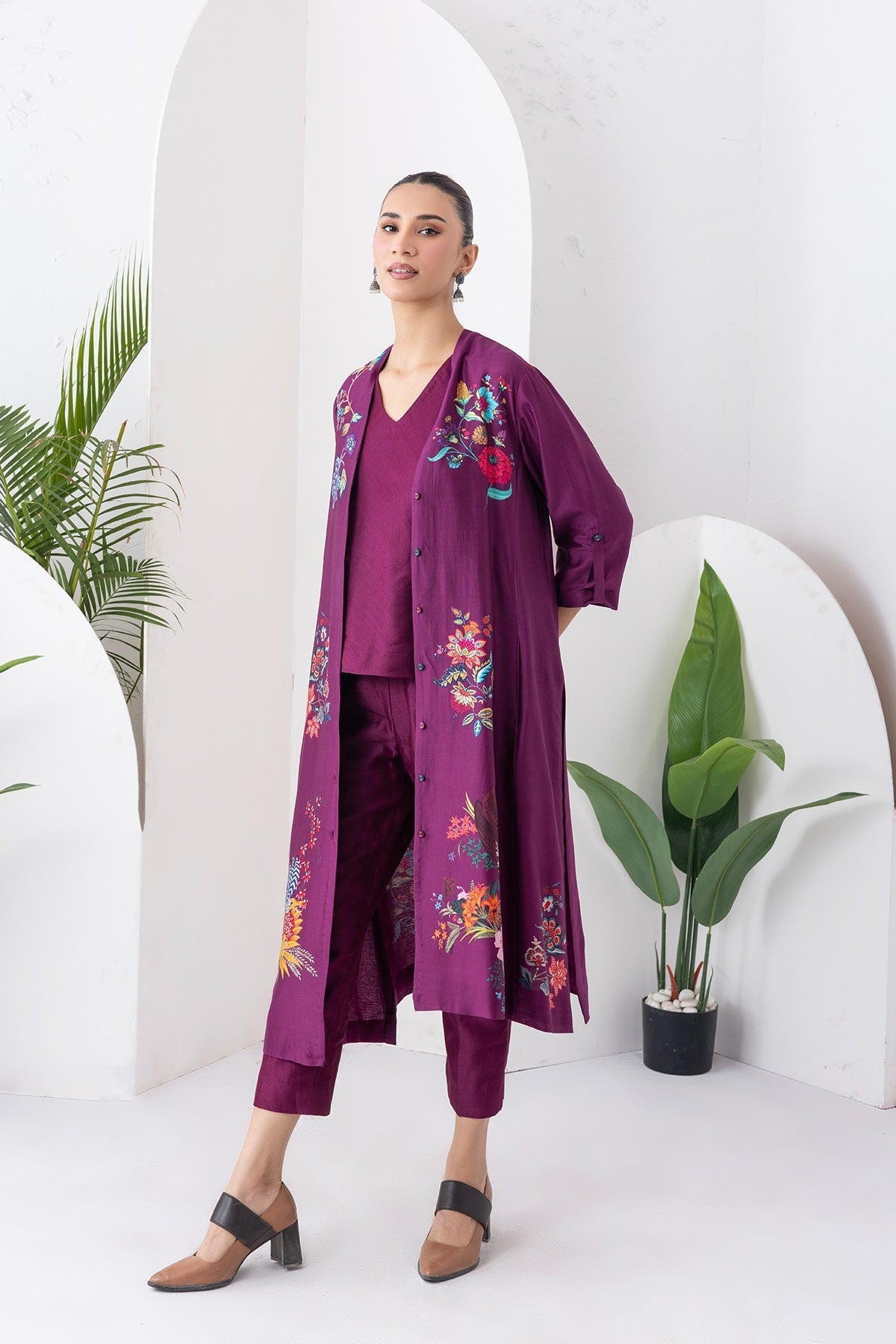 Wine Silk Chanderi Printed High-Low Dress Set (3 PCS)