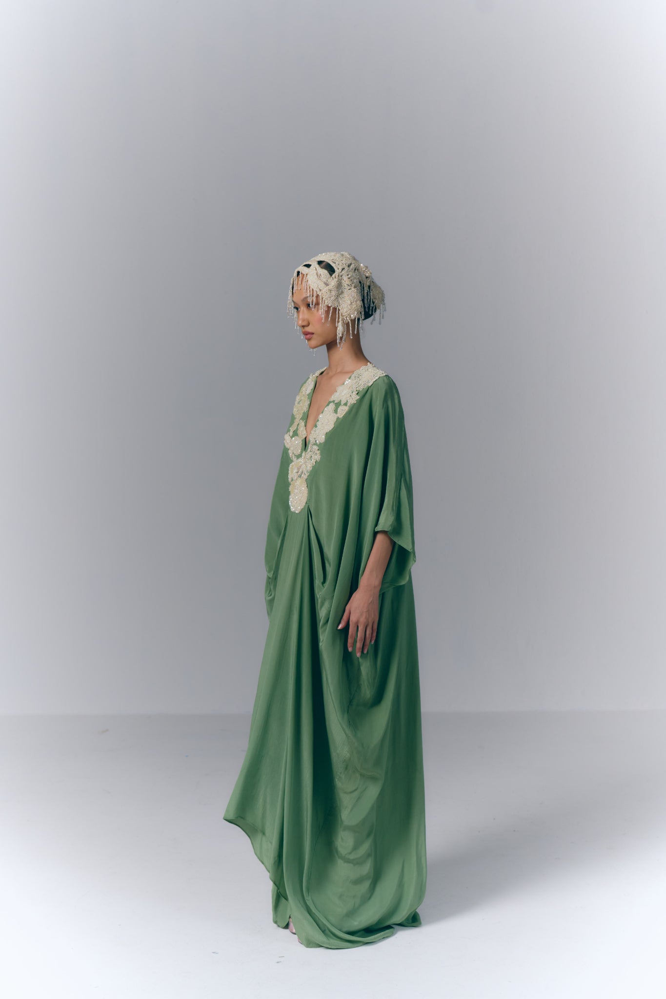 Sage Green Embroidered Draped Kaftan