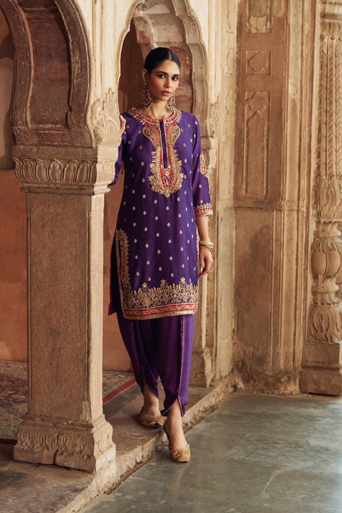 Deep Purple Silk Chanderi Short Kurta Dhoti Set for Festive Wear